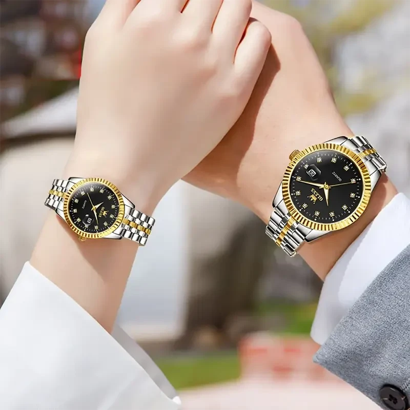 Olevs Fashion Black Dial Two-tone Couple Watch- 5526